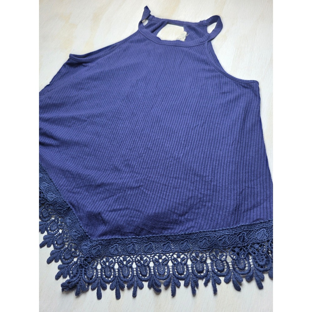Pink Rose Navy Ribbed Tank Top Crochet Lace Hem Boho Halter Keyhole Small